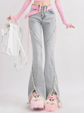 Aiertu Summer Denim Vintage Sweet Pants Women Slim Lace-up Korean Casual Flare Pants Female Japanese France Elegant Open Fork Jeans New Aiertu