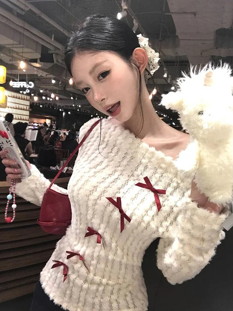 Aiertu Sweet Bow Knitted Pullover Women Off Shoulder Sexy Long Sleeve Sweaters Korean Style Kawaii Autumn Winter Pullovers Aiertu