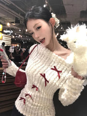 Aiertu Sweet Bow Knitted Pullover Women Off Shoulder Sexy Long Sleeve Sweaters Korean Style Kawaii Autumn Winter Pullovers Aiertu