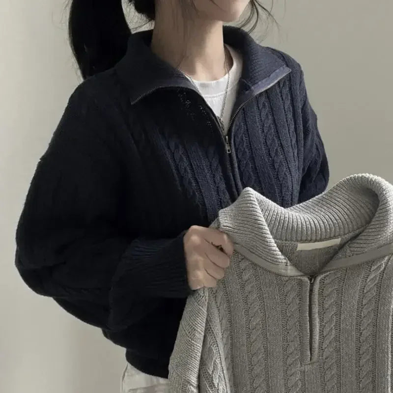 Korean Fashion Half Zipper Sweaters Women Vintage Twisted Knitted Crop Pullover Casual Sueter Mujer Long Sleeve Tops Aiertu