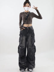 Aiertu Women's Black Gothic Baggy Cargo Jeans Vintage Emo 2000s Y2k Harajuku Denim Trouser Korean 90s High Waist Cowboy Pants Clothes Aiertu
