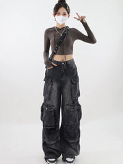 Aiertu Women's Black Gothic Baggy Cargo Jeans Vintage Emo 2000s Y2k Harajuku Denim Trouser Korean 90s High Waist Cowboy Pants Clothes Aiertu