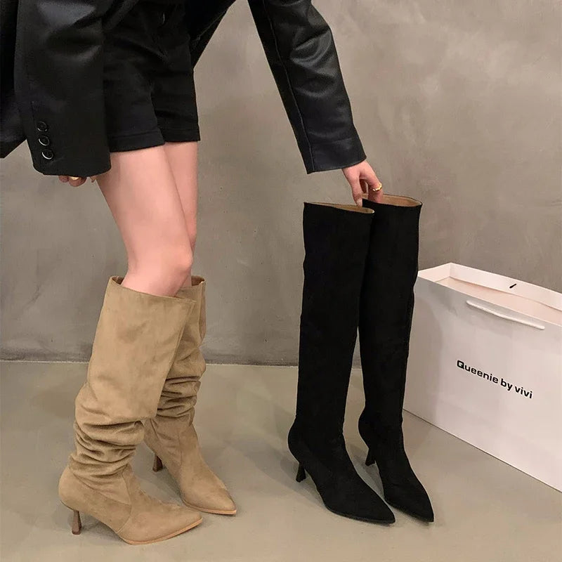 Sexy High Heel Women Knee High Boots Fashion Pleated Slip On Shoes Autumn Winter Ladies Knight Long Booties Aiertu