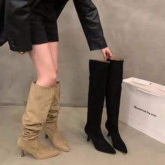 Sexy High Heel Women Knee High Boots Fashion Pleated Slip On Shoes Autumn Winter Ladies Knight Long Booties Aiertu