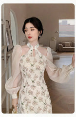 Aiertu Vintage Elegant Cheongsam Dress Women Floral Embroidery Design Party Fairy Dress Female Spring Court Retro Long Split Dress Aiertu