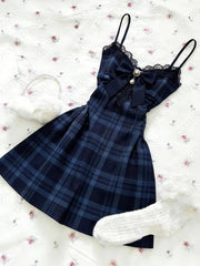 AIERTU - Blue plaid Bows Lace Dress Subculture Vintage Streetwear Kawaii Sexy Suspender Checkered Dresses Aesthetic Sweet Y2k Short Dress Aiertu
