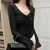Aiertu V-neck T-shirts Women Velvet Slim Designs Hot Sweet Drawstring Solid Simple Office Ladies Korean-style Elegant Leisure All-match aiertu