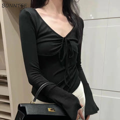Aiertu V-neck T-shirts Women Velvet Slim Designs Hot Sweet Drawstring Solid Simple Office Ladies Korean-style Elegant Leisure All-match aiertu