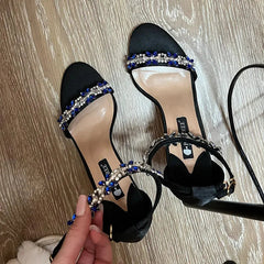 Aiertu Women Fetish 9cm High Heels Crystal Designer Sandals Lady Silk Wedding Bridal Heels Glitter Rhinestone Flower Satin Strap Shoes Aiertu