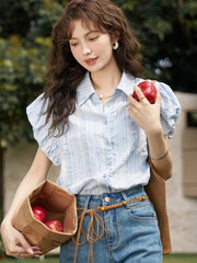Aiertu Blue Striped Fairycore Blouse Women Puff Short Sleeve Shirts Feminina Casual Sweet Korean Fashion Chic Tops Summer New Aiertu