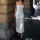AIERTU - Hollow Flower Tube Top Knitted Dress Casual Style Waist Versatile Breathable Sleeveless Straight Skirt Aiertu