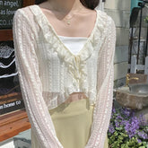 Aiertu Women Summer Sun Protection Coat Lace Bow Ruffle Cardigan Shirt Female Blouse Tops for Woman Covers Blusa White Y2K Korean Shirt Aiertu