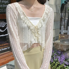 Aiertu Women Summer Sun Protection Coat Lace Bow Ruffle Cardigan Shirt Female Blouse Tops for Woman Covers Blusa White Y2K Korean Shirt Aiertu