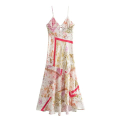 Aiertu Women's new summer vacation style silk satin texture patchwork printed sleeveless suspender dress Aiertu