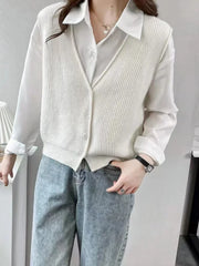 New Casual Vertical Striped Simple Knitted Vest Women's Sleeveless Top V-neck Short Knitted Vest Cardigan Jacket Women Sweater Aiertu