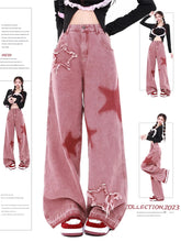 Aiertu Women's Vintage Red Wide Leg Star Jeans 90s Fashion Aesthetic Denim Trousers Harajuku 2000s High Waist Baggy Jeans Pants Clothes Aiertu