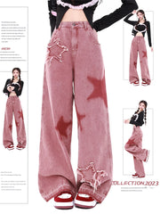 Aiertu Women's Vintage Red Wide Leg Star Jeans 90s Fashion Aesthetic Denim Trousers Harajuku 2000s High Waist Baggy Jeans Pants Clothes Aiertu