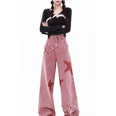 Aiertu Women's Pink Jeans Letters Printed High-waisted American Street Wide Leg Pants Hip-hop Fashion Retro Straight Y2K Winter Pants Aiertu