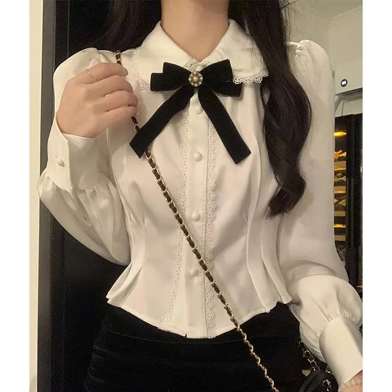 White Bow Shirts Women Sweet Preppy Kawaii Lace Patchwork Blouses Lolita Korean Elegant Peter Pan Collar Long Sleeve Crop Tops Aiertu