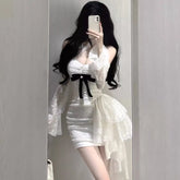 Aiertu DRESS TO IMPRESS Y2K Lace Bodycon Mini Dresses for Women Slash Neck Flare Sleeve A-line Birthday Party Short Train Dress Korean Fashion Vestidos Aiertu