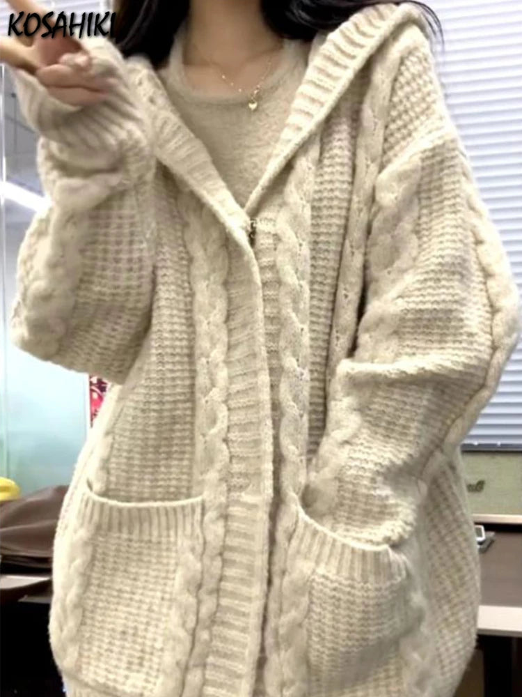 Aiertu New Vintage Zipper Hooded Cardigan Womens Knitted Solid Twist Harajuku Sweaters Coat 2024 Loose All Match Y2k Aesthetic Jackets Aiertu