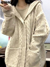 New Vintage Zipper Hooded Cardigan Womens Knitted Solid Twist Harajuku Sweaters Coat 2024 Loose All Match Y2k Aesthetic Jackets Aiertu