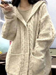 Aiertu New Vintage Zipper Hooded Cardigan Womens Knitted Solid Twist Harajuku Sweaters Coat 2024 Loose All Match Y2k Aesthetic Jackets Aiertu
