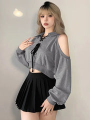 Aiertu Y2K Vintage Gray Cropped Hoodies Women Harajuku Sexy Off Shoulder Sweatshirts Korean Loose Casual Chic Tops Gothic Kpop Aiertu