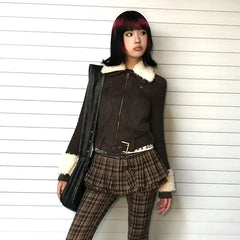 Aiertu Japanese Y2k Fur Coat Women American Retro Brown Knitted Jacket Vintage Korean Style Zipper Coat Winter 2000s Aesthetics Aiertu