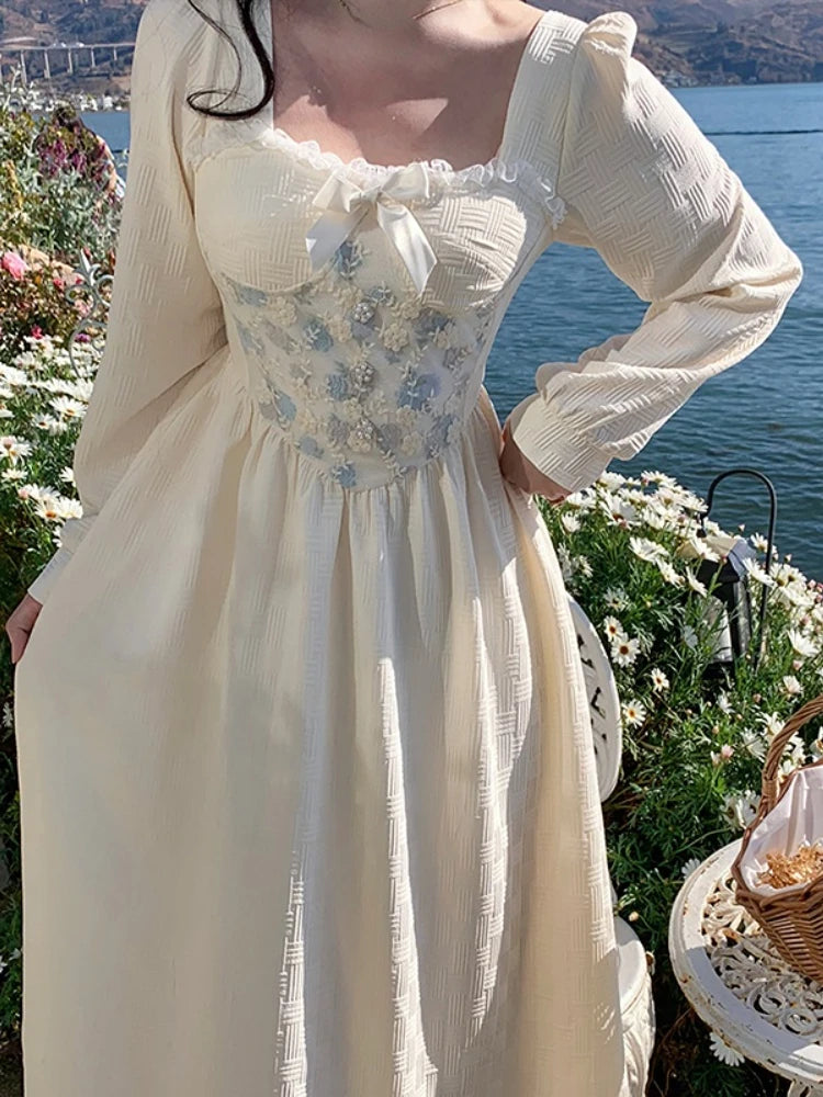 Aiertu Floral Print Vintage Sweet Dress Women Lace Elegant Evening Party Midi Dresses Ladies Long Sleeve French Retro Dress Summer Aiertu