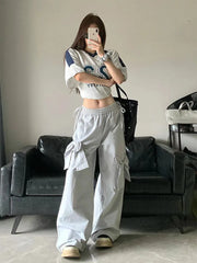 Aiertu New Design Gyaru Jeans Woman Vintage High Waist Wide Leg Pants Bow Elastic Waist Baggy Trousers Casual Tide Streetwear Simple Aiertu