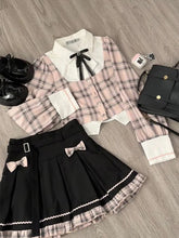 Aiertu Sweet College Plaid Patchwork Shirt Pleated Skirt Two-piece Set Women Korean Fashion Bow Retro Tie Cute Temperament Autumn Suit Aiertu