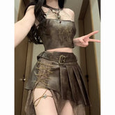 Aiertu Retro Fashion Spicy Girl Style Leather Halter TopTank Top Irregular Slimming Short Skirt Set Summer Two Piece Set Women Outfits Aiertu