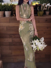 AIERTU - Fashion Party Gown Dress Women Hollow Frog Button Stand-Up Collar Floral Print Sleeveless Classic Elegant Chic Vestidos Aiertu