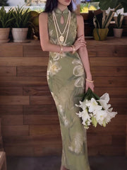 AIERTU - Fashion Party Gown Dress Women Hollow Frog Button Stand-Up Collar Floral Print Sleeveless Classic Elegant Chic Vestidos Aiertu