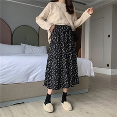 Aiertu Vintage Floral Print A-line Pleated Long Skirts Summer Women Korean Skirt Streetwear Drawstring Elastic Waist Midi Skirt Aiertu