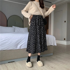 Aiertu Vintage Floral Print A-line Pleated Long Skirts Summer Women Korean Skirt Streetwear Drawstring Elastic Waist Midi Skirt Aiertu