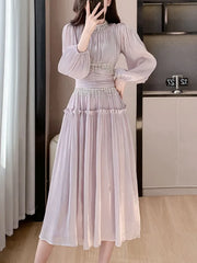 Aiertu Fashion New Women Elegant Casual Midi Long Prom Dress Puff Sleeve A-Line Solid Vintage Party Birthday Clothes Female Robe Mujers Aiertu