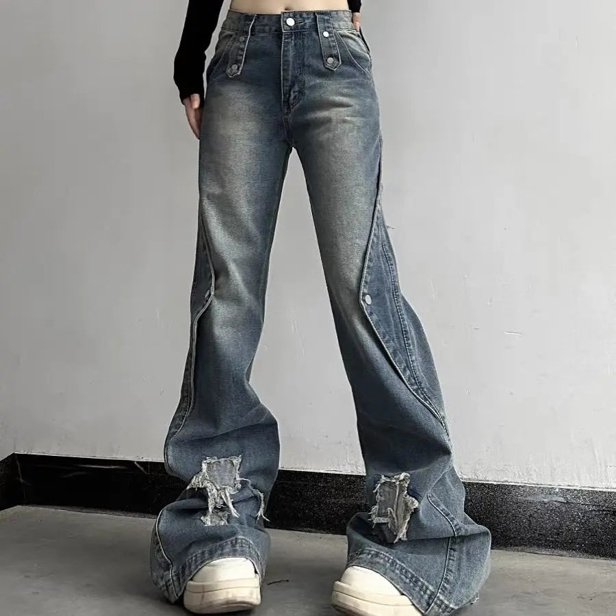 Aiertu Y2K Harajuku Wide Leg High Waist Flared Jeans Slim Ripped Pants Winter Women's Vintage Streetwear Style Denim Trouser Aiertu