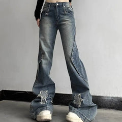 Aiertu Y2K Harajuku Wide Leg High Waist Flared Jeans Slim Ripped Pants Winter Women's Vintage Streetwear Style Denim Trouser Aiertu