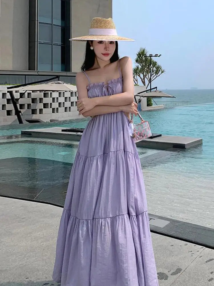 Aiertu Women Sleeveless Slip Long Dress New Summer Elegant Boho Holiday Beach Dress Solid V-neck Pleated Bandage Dresses Backless Aiertu