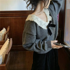Aiertu Korean Style Sweaters Women Kawaii Sweet Pullovers Grey Bow Knited Crop Tops Vintage Patchwork Sweater Autumn Winter Aiertu
