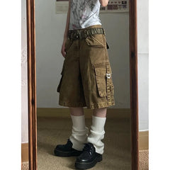 Aiertu Brown Women's Shorts Jeans High Waist Straight Pants Streetwear Y2K Vintage Female Wide Leg Denim Five Points Boyfriend Trouser Aiertu
