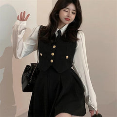 Spring Autumn Preppy Style Tie Vest Black Suit Women's 4-Piece Set Korean American Hot Girls Online Celebrities JK Uniform Set Aiertu