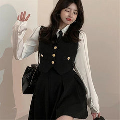 Aiertu BACK TO SCHOOL OUTFIT Spring Autumn Preppy Style Tie Vest Black Suit Women's 4-Piece Set Korean American Hot Girls Online Celebrities JK Uniform Set Aiertu