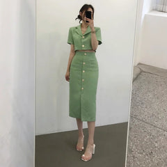 Aiertu Fashion Korea Elegant Lapel Thin Tweed Small Suit Short Jacket + High Waist Chic Button Slim Women Two Piece Skirt Sets Summer Aiertu