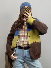 Harajuku Vintage Cardigan Women Patchwork Korean Knitted Sweater Tops Lazy Wind Loose Casual Long Sleeve Cardigan Coat New Aiertu
