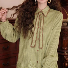 AIERTU - Vintage Hong Kong Style Women Knit Shirt Autumn Winter Bow Tie Lace Hem Loose Casual Long Sleeve Inner Blouse Aiertu
