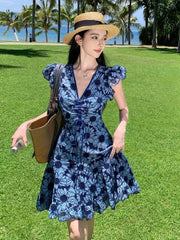 Aiertu Blue Daisy Flower Embroidery Hollow Out Dress Women Summer Flying Sleeve Lace Up Ladies Elegant Fashion Boho Holiday Mini Dress Aiertu
