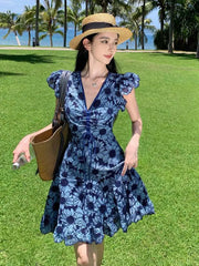 Aiertu Blue Daisy Flower Embroidery Hollow Out Dress Women Summer Flying Sleeve Lace Up Ladies Elegant Fashion Boho Holiday Mini Dress Aiertu